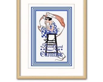 Blue Kitchen Decor w/Mat (1920s Candy Art, Vintage Cookbook Cooking Gift) "Fruits and Candies" --- Matted Food Print