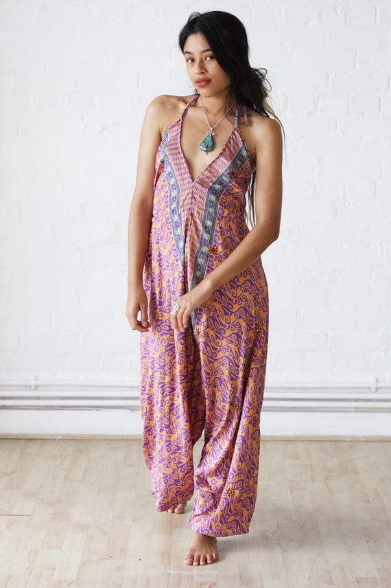 PASTEL SILK JUMPSUIT -Limited Edition Silk Jumpsuit-Handmade- Vintage Sari Jumpsuit-Festival- Hippie- Retro- Halterneck- 100% Silk- Couture