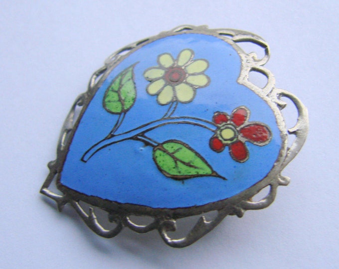 Vintage Siam Sterling Blue Enamel Niello Brooch / Heart Motif / Floral / Jewellery / Jewelry / Jewellery