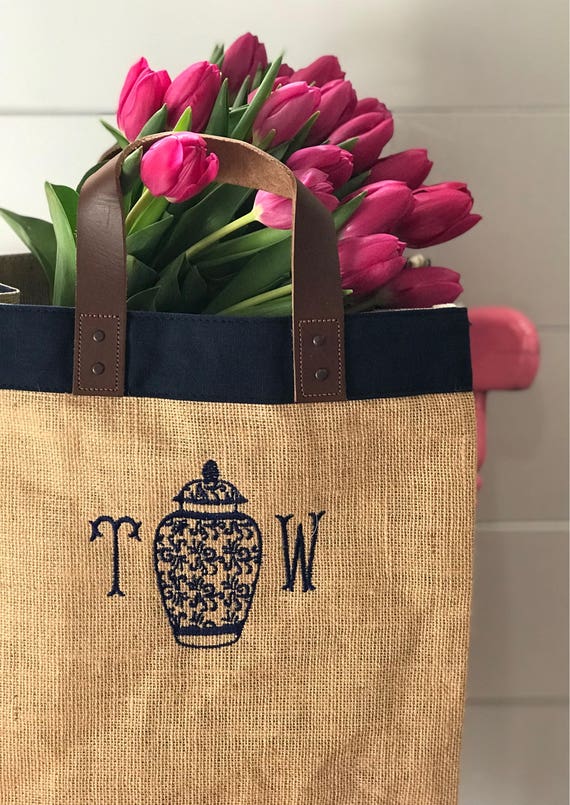 Monogram Burlap Market Tote Monogrammed Jute & Leather Tote