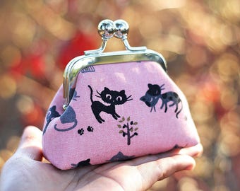 Metal frame coin purse, Cat coin purse, Japanese fabric
