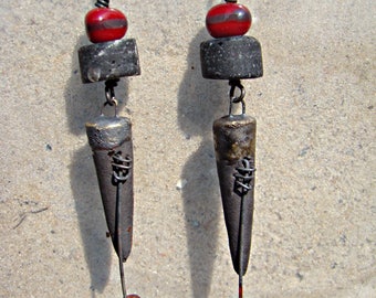 Bronzy and Red Stitched Spike Dropper Earrings