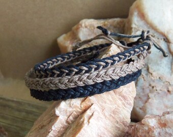 Braided Hemp BRACELETs - Set of 3 - Black Hemp, Brown Hemp, & Mixed - Braided Hippie Surfer Hemp for Men or Women