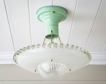 Pair Available! Vintage Rewired Jadeite Mint 3 Chain Flush Mount Ceiling Light Fixture Hobnail Holophane UFO Clear Frosted Glass Deco Brass
