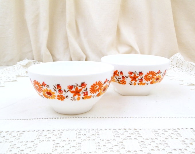 2 Vintage White Milk Glass French Coffee Bowls. Pair Arcopal Bowl with Orange Flower Pattern from France, 1960s / 1970s Retro Kitchenware