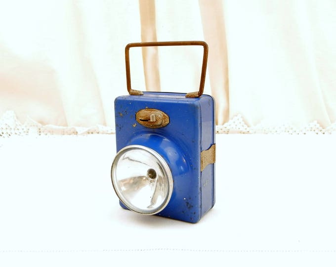Vintage Mid Century Blue Metal Flashlight with Domed Glass Lens, Retro 1950s French Cube Shaped Battery Powered Torch, Upcycle Wall Light
