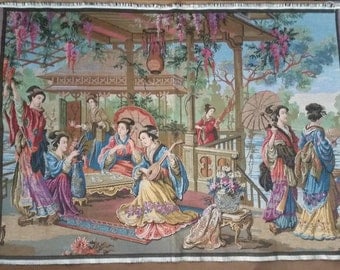Tapestry Vintage Gobelins Belgium Japanese Japonais Geisha Vintage 25 x 35 Inches Excellent Condition
