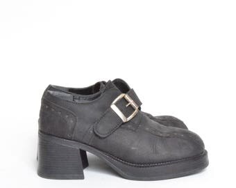 Vintage 90's Chunky Heel Black Leather Platform Buckle Ankle Boots