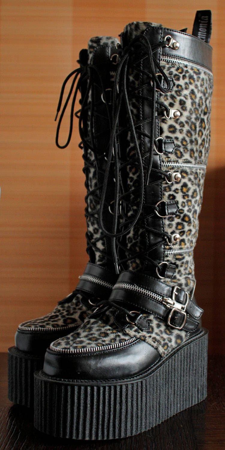 leopard crawl knee high platform creeper boots