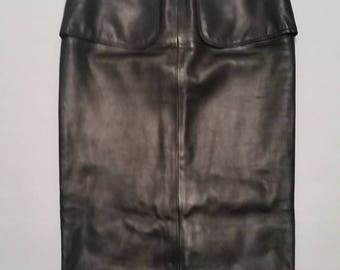 Authentic Rare Chanel Long Leather High Waist Midi Slit Skirt CC Logo Buttons Fr 38 XS