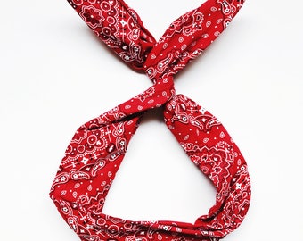Red Bandana Wire Headband- Dolly Bow, Headwrap, Turban, Nonslip Headband, Wide Headband Boho, Wide Headband, Bandana Print, Rockabilly