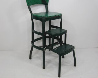 Green and Chrome Mid-Century Cosco Stool w/ Padded Seats, Back Rest and Fold Out Steps