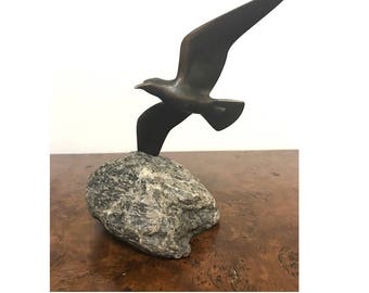 Mid Century Modern Charles Reussner Bronze Bird on Stone Sculpture Jere Era