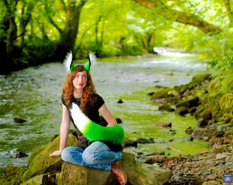 Green Realistic Huge Fox Ears and Tail! Luxury, Custom Single Colour Faux Fur Tail Set Kitsune Emerald Tails Jade Style Fennec Wolf Dog Cat