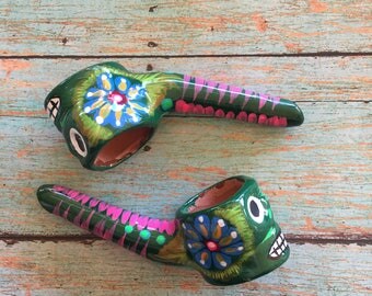 Green Skull Pipe (Day of Dead Mexican Ceramic Glass Smoking Pipe Tobacco Pipe Sugar Skull Hand Painted Boho Unique Pipe Girly Pipe Girls)
