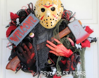 Halloween Jason Wreath, Friday the 13th Movie Inspired Decoration, Black Red Horror Deco Mesh Wreath, Hockey Mask Killer