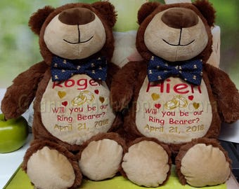 CHOCOLATE two tone ring-BEARer furry 12" embroidered plush plushie stuffed animal stuffie. Christmas. Baby, birthday, shower, flower girl,