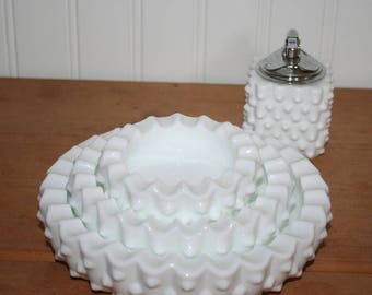 Fenton Milk Glass Hobnail Stacking Ashtrays, Set of 3, and Lighter, excellent condition