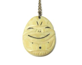 Vintage Chinese Import Carved Bone Happy Pendant