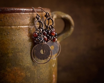 Dark Brown Agate Earrings • Stones Cluster Earrings • Raw Copper Earrings • Hand Hammered Disc Earrings • Rustic Bohemian Earrings