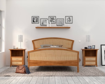 Bed Frame King Size, Headboard, Platform Bed, Queen, Art Deco, Handmade, Wood, Cherry, Curly Maple, Inlay