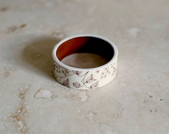 StayGoldMaryRose - Vintage 70's floral pattern in ivory and cocoa brown glaze tea cup bracelet. Small fit.
