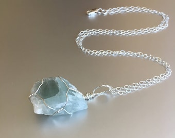 Small Aquamarine Necklace, March Birthstone, Raw Crystal, Sterling Silver, Healing Stone, Bohemian Jewelry