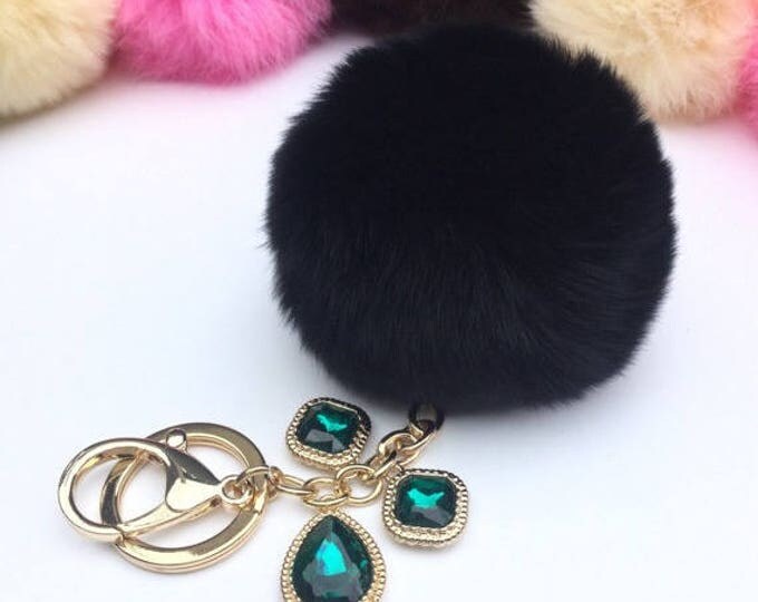 Customer request inspired BLACK GREEN fur pom pom keychain Rabbit real fur puff ball