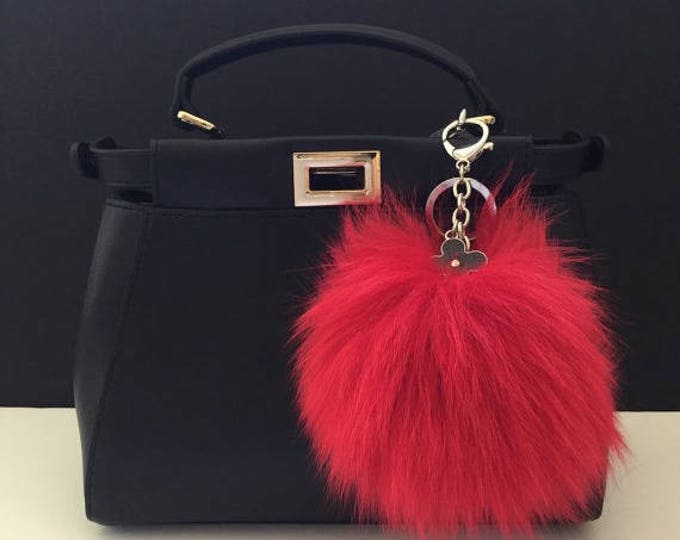 Large size Pompon bag charm pendant Fox Fur Pom Pom keychain in deep red color tone
