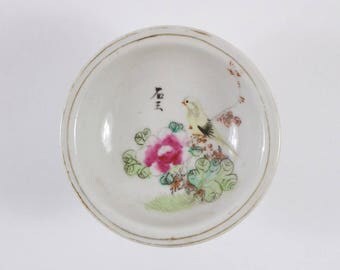 Vintage 1930s Chinese porcelain bird and inscription stem dish