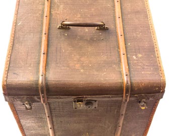 Antique Steamer Trunk ca. 1900-30 Painted Canvas Wood Runners Working Brass Hardware Suitcase Style "Cube" 18.5 X 19.75"