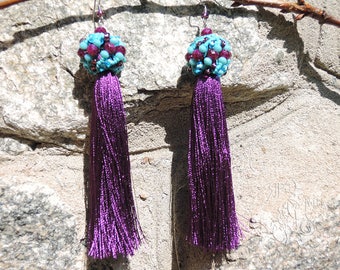 Silk Tassel earrings Boho earrings Gift for her Purple earrings Turquoise earrings Gypsy earrings Long earrings Xmas Gift Earrings for women