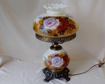 Vintage Gone With The Wind Hurricane Lamp, Rust,Brown,Pink Floral