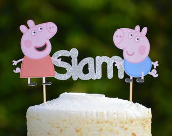 Peppa Pig Cake Topper,Peppa Pig Birthday,Custom Peppa Pig Topper,Silver Glitter Cake Topper,Gold Glitter Cake Topper,Personalzied Topper