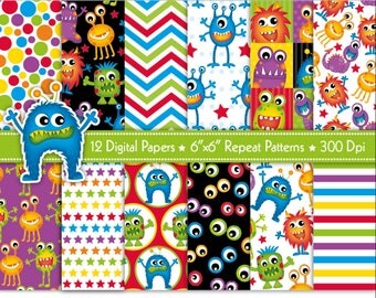 Monster Digital Paper,Alien Digital Paper,Cute Monster Patterns,Fun Digital Papers,Monster Party,Backgrounds,Scrapbook Papers,Commercial Use