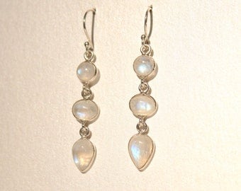 Moonstone Tear Drop Earrings Gemstone Precious White Sterling Silver Long Statement Unique Rare 80s 1980s Semi Light Gift Present