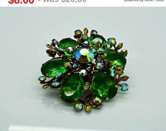 Green and Aurora Borealis Rhinestone Brooch