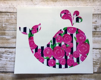 Lilly Pulitzer Whale Decal || Monogram Whale Sticker || Beach, Nautical, Whale Vinyl || Hydroflask, Yeti || Floral Black and White Stripes