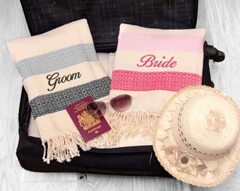 Personalised Honeymoon Mr and Mrs Beach Towels, Set of Pink and Black Striped towels, Bride & Groom Wedding Gift, ANY TEXT