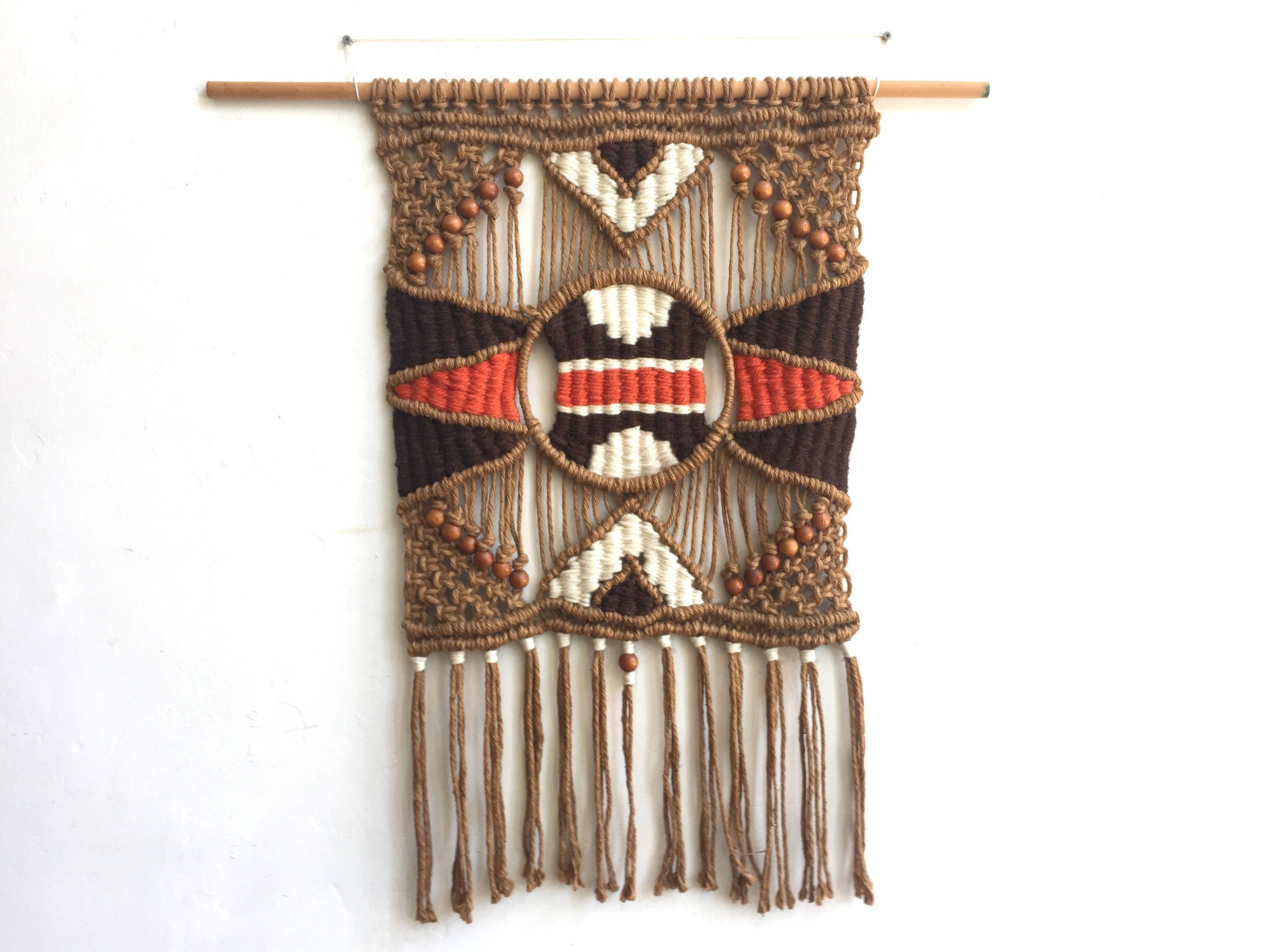 Large Brown Orange Macrame Wall Hanging / Woven Fiber Jute