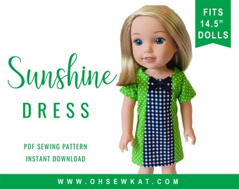 WellieWishers Doll Clothes Sewing Pattern - Sunshine Dress ePattern - easy to sew doll clothes by Oh Sew Kat - Wellie Wishers doll clothes