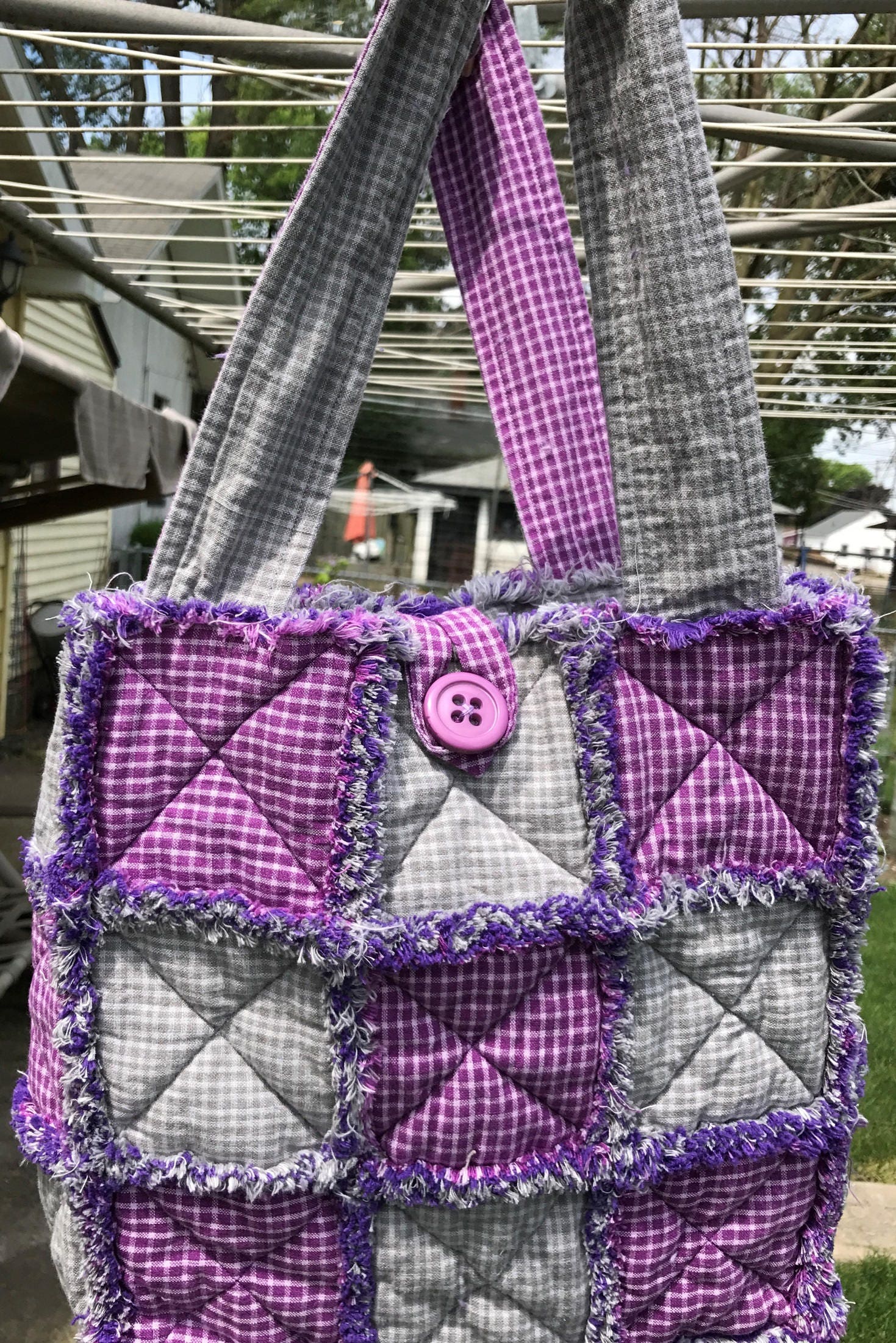 Homespun Grape and Gray Fabric Rag Bag Purse Tote