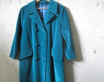 Vintage Velvet Swing Coat Stitch Detail Collar Pocket Emerald Green 1950s 1960s Cotton Rockabilly