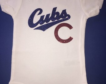 Chicago Cubs Baseball Onesie Personalized with Number and Child's Name, Blue Glitter Heat Transfer Vinyl Infant Bodysuit Unisex Newborn