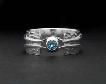 blue topaz ring - Wide band ring - Hammered band unique design - Available with other stones