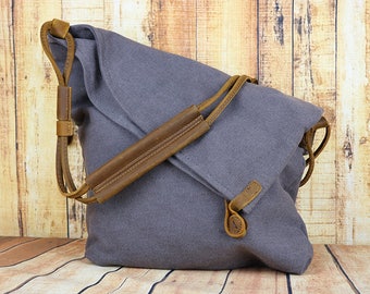 Waxed Canvas Bag for Woman With Leather Handle,Shoulder Bag , Waxed canvas bag, waxed bag, Women crossbody bag, blue grey color