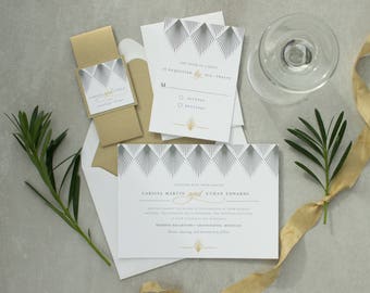 Art deco/Gatsby style wedding invitation with glamorous gold accents