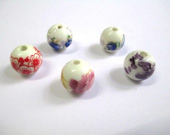 5 flowers 12mm (1) pattern white porcelain beads