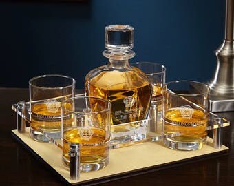 Wax Seal Bar Serving Tray with Custom Decanter and Glasses 6 pc - Wax Seal Design with Handsome Personalized Glasses - Retirement Gifts