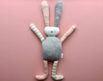 Personalised flopsy bunny rabbit soft cuddly toy teddy plushie handmade baby girl newborn gift 1st birthday pink green grey ivory stripe